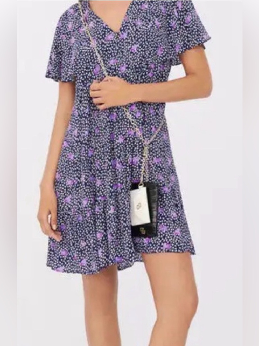 Maje Navy with Purple Floral V-Neck Flutter Sleeve Mini Dress -French Girl Style
